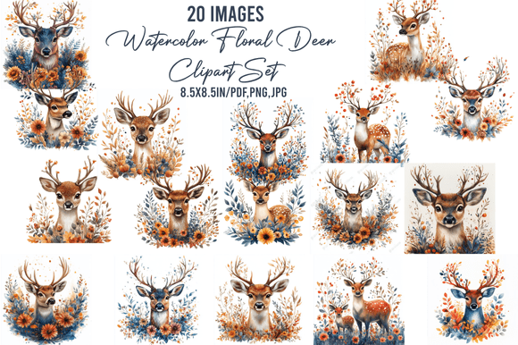 Download Watercolor Floral Deer Clipart Set - Deer clipart set Collection