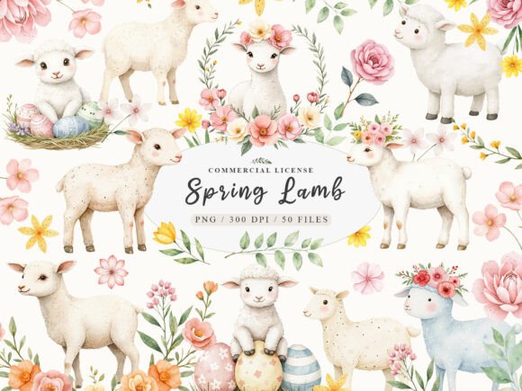 Download Watercolor Spring Floral Baby Lamb Png - Spring Collection
